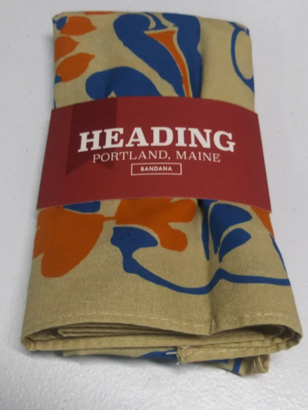 Heading Portland Maine Floral Bandana - Blue & Orange on Tan